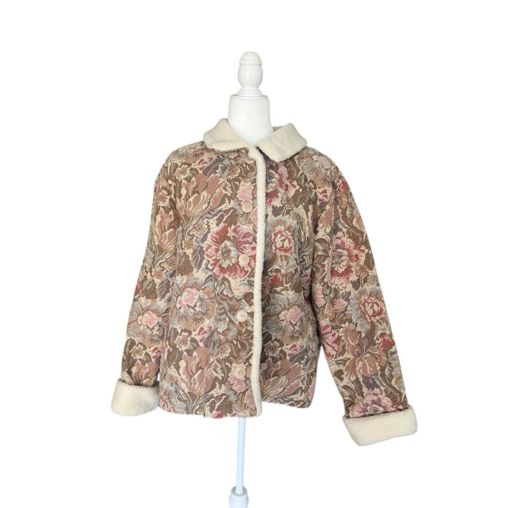 VTG Y2K Coldwater Creek Floral Tapestry Sherpa Jacket COTTAGE CORE 1X
